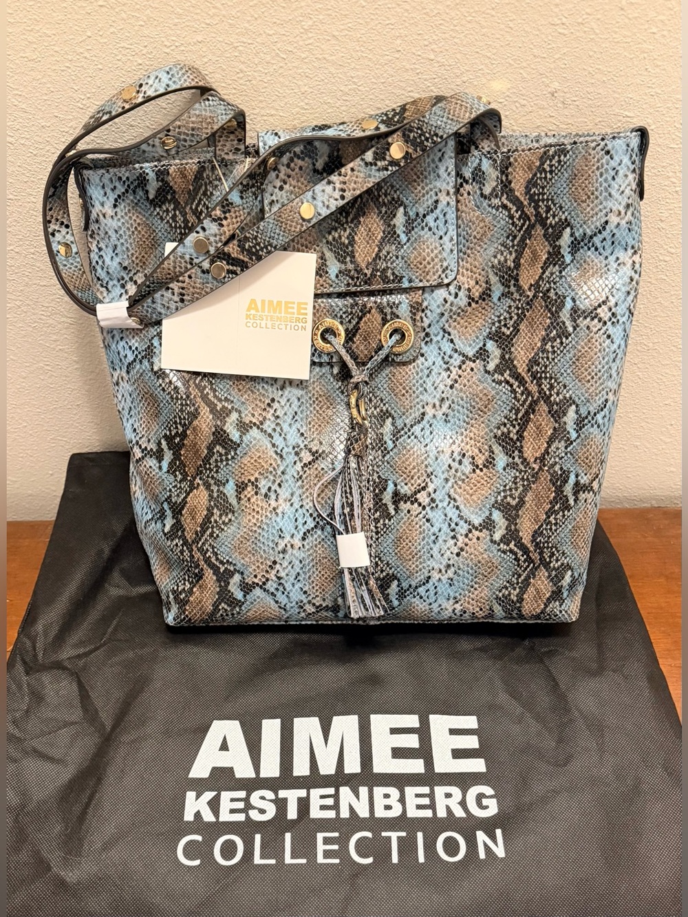NWT Aimee Kestenberg Light Blue and Brown Snake-Print Tote with Tassel